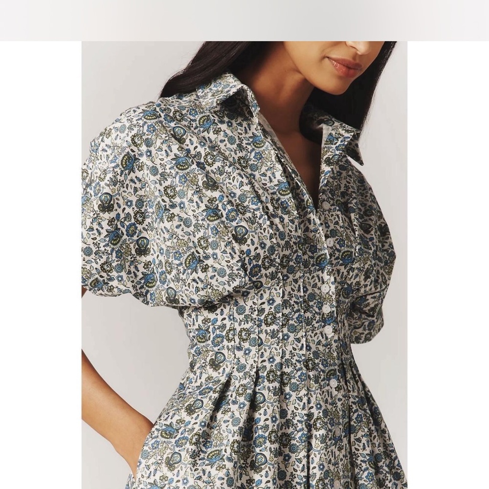Anthropologie Blue and Cream Floral Shirtwaist Mini Dress - Picture 2 of 11